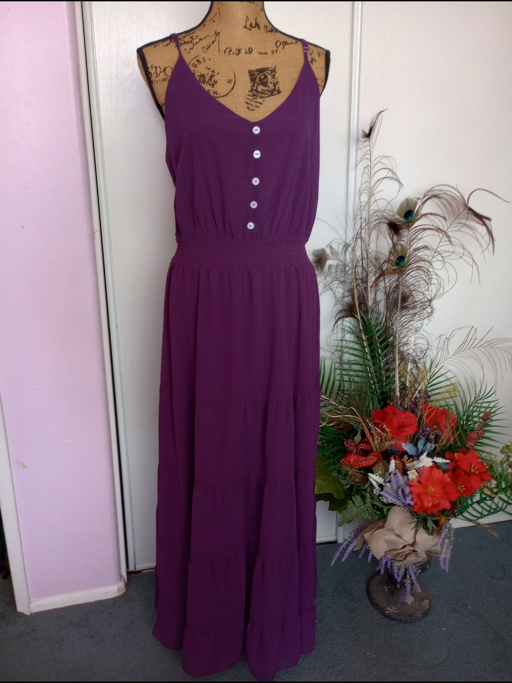 Sleeveless Plum Smocked-Waist Maxi Dress